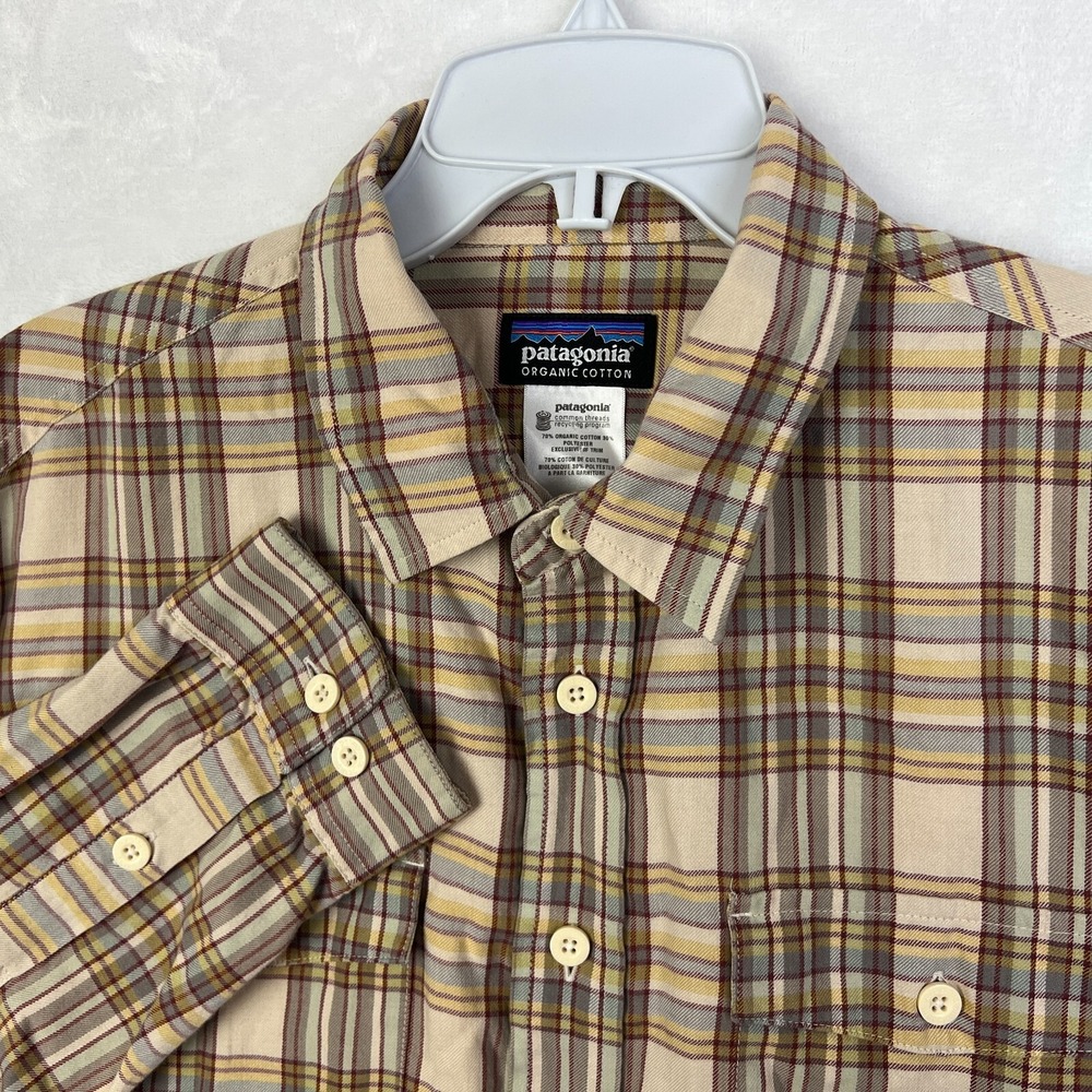 Patagonia Buckshot Flannel Button Down Shirt Mens Medium Plaid Beige Long Sleeve